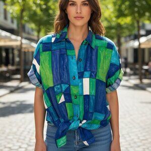 VTG 80s Caliche Collection Button Up Top Sz M/L Abstract Watercolor Print #203J